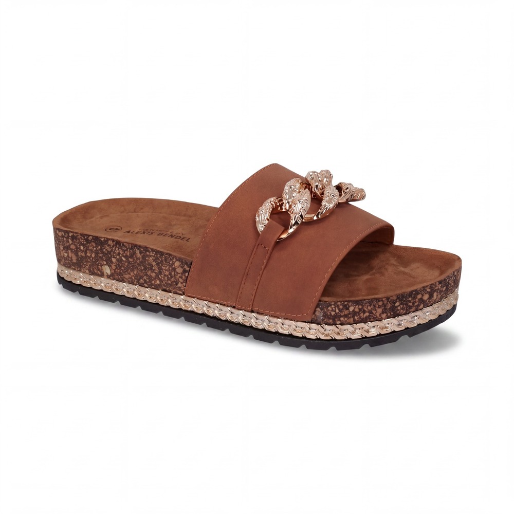 Alexis Bendel Womens Comfort Slide Sandals Size 6 Tan Chain Accent Footbed NIB